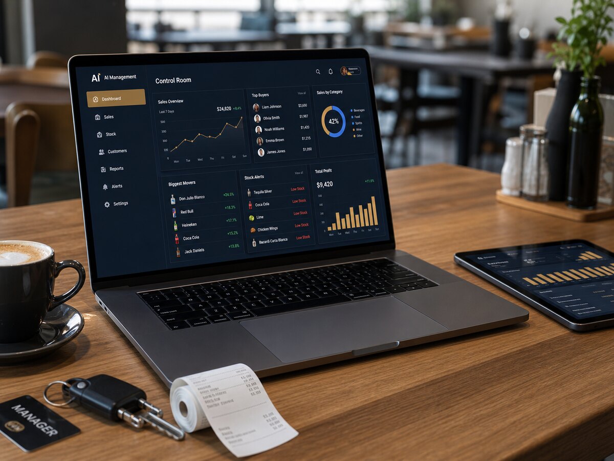 AI Management dashboard showing sales, stock and buyer insights