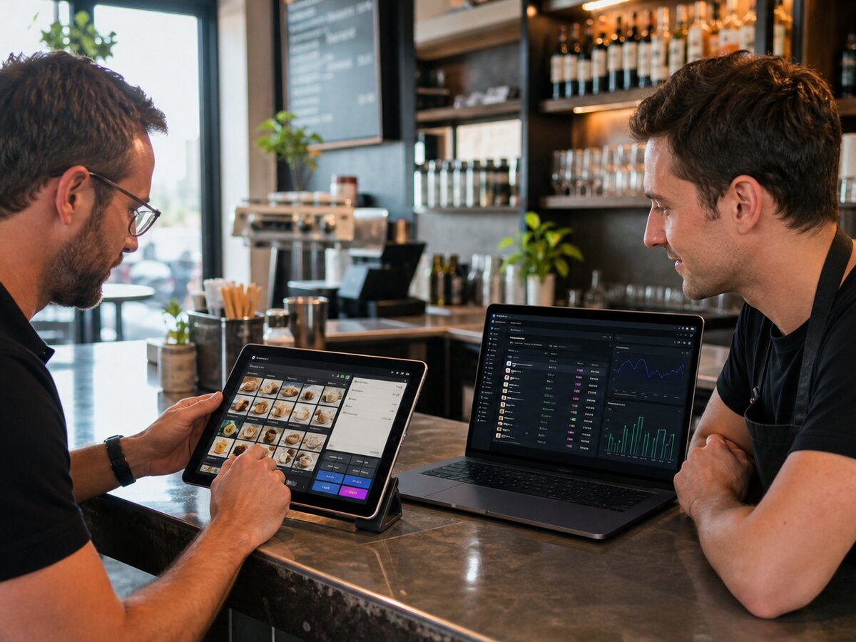 POS setup with product buttons and pricing being configured on a tablet